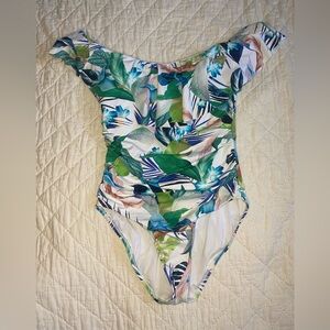 La Blanca White Tropical Swimsuit With Ruffle
